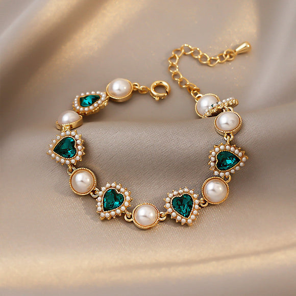 Vintage Classic Green Crystal Heart Shaped Pearl Bracelet