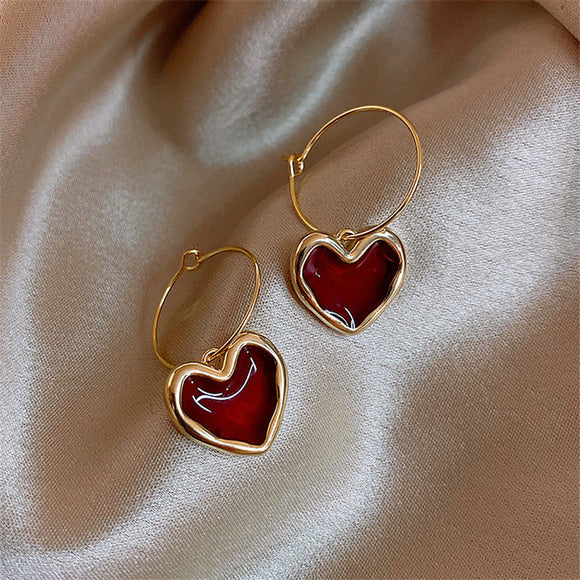 Sweet Burgundy Enamel Heart Earrings for Women