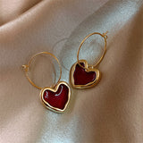 Sweet Burgundy Enamel Heart Earrings for Women