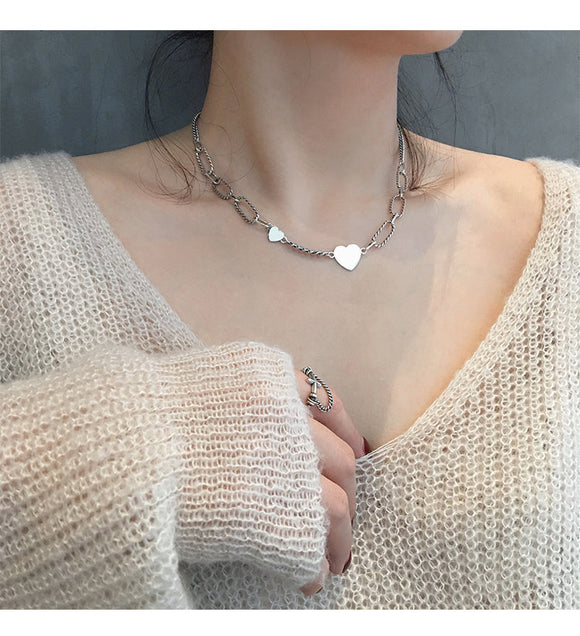 Temperament Retro Love Heart Pendant Thick Chains Necklace