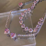 Sweet Pink Crystal Heart Necklace For Women Girls