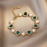 Vintage Classic Green Crystal Heart Shaped Pearl Bracelet